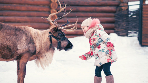 Child with a reindeer in Finland